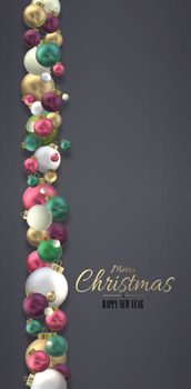Christmas festive border with realistic 3D balls baubles on dark grey background. Flat lay 3D render design for header, web. Gold text Merry Christmas Happy New Year