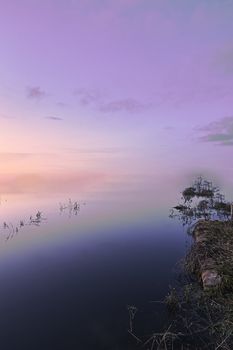 Infinite lake shore, no horizon, vegetation, sunset, colors