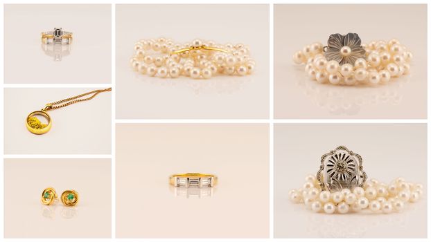 Collage of jewellery featuring diamond rings, gold pendant, emerald earrings, broaches and pearl necklaces