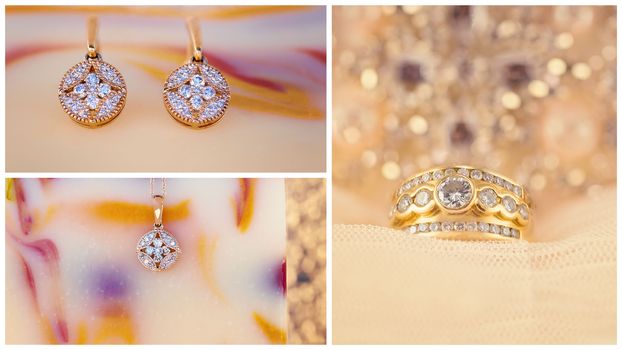 A collage of images of diamond earrings, pendant and ring on colored backgrounds