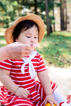 Parks and recreation. Cute asian infant girl in a stripped red dress and srtaw hat on a picnic in the park