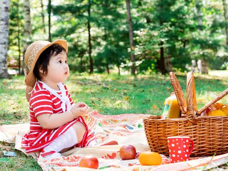 Parks and recreation. Cute asian infant girl in a stripped red dress and srtaw hat on a picnic in the park