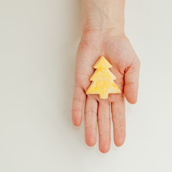 woman holding a Christmas tree cookie in hand