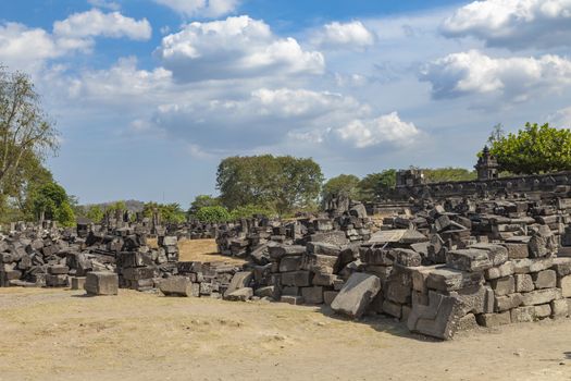 Detail of the ruins of dozens of Pervara temples in the Prambanan ancient Hindu temple complex, Rara Jonggrang, in the Special, Yogyakarta region, Indonesia.