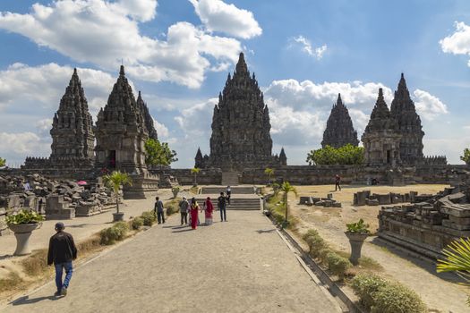 Prambanan, Indonesia - July 17, 2019: Access area to the sanctuaries of the Prambanan ancient Hindu temple complex, Rara Jonggrang, in the special, Yogyakarta region, Indonesia.