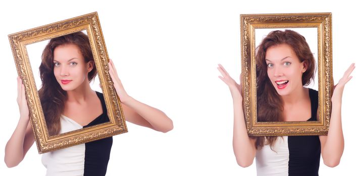 Woman with picture frame on white