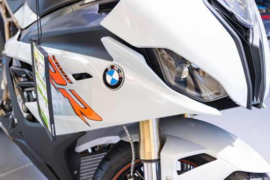 Nonthaburi Thailand - Oct 20, 2020 :-  Closeup - Logo "BMW" of Motorcycle show at the Show Room for Sale Asia Bangkok, Thailand