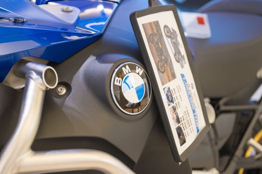 Nonthaburi Thailand - Oct 20, 2020 :-  Closeup - Logo "BMW" of Motorcycle show at the Show Room for Sale Asia Bangkok, Thailand