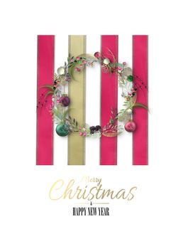 Holiday minimalist Xmas card in pink with red pink ribbons, 3D Christmas wreath on white backrground. Copy space. Text Merry Christmas 3D render