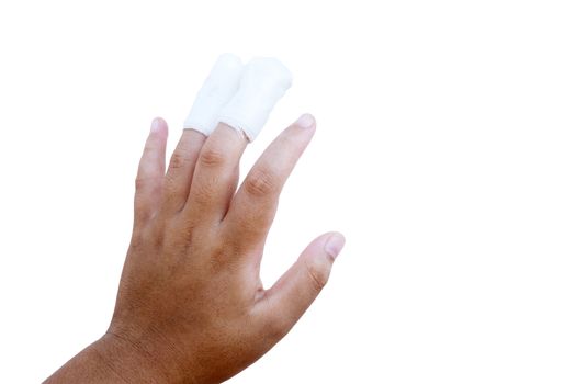 The boy injured middle finger and ring finger. on white background