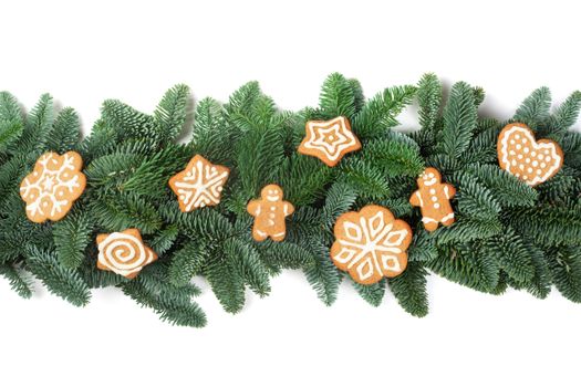 Christmas Border frame of natural noble fir tree branches and gingerbread cookies isolated on white background