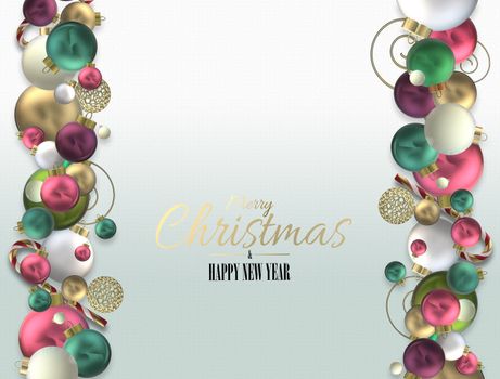 Holiday Christmas border with 3D balls. 3D realistic border of gold red green shiny balls baubles on white background. 3D render. Gold text Merry Christmas Happy New Year. Festive holiday invitation
