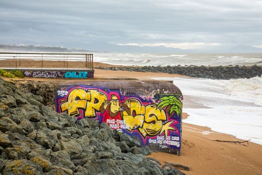 ANGLET, FRANCE - CIRCA OCTOBER 2020: Graffiti on a bunker at Plage de La Barre.