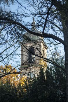 terni,italy november 19 2020:bell tower of the cathedral of terni seen from the park