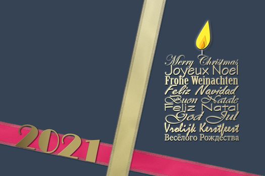 Merry Christmas international business card. Christmas wishes in European languages English, French, German, Portuguese, Italian, Spanish, Swedish, Dutch, Russian. Golden digit 2021 3D illustration