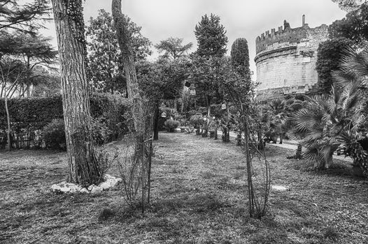 Walking in Via Appia Antica aka Ancient Appian Way, historic road in Rome, Italy