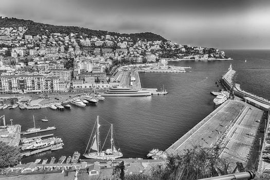 Scenic aerial view of the Port of Nice, aka Port Lympia, as seen from the Chateau hill, Nice, Cote d'Azur, France