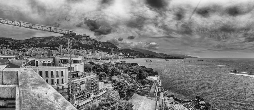 Panoramic view over the coast of Monte Carlo, Cote d'Azur, Principality of Monaco, iconic place of the French Riviera
