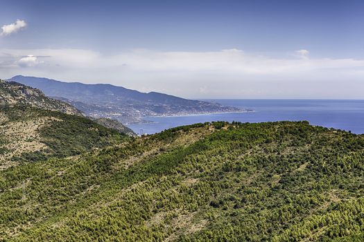 Scenic view over the coastline of the French Riviera near the town of Eze, iconic village near the city of Nice, Cote d'Azur, France