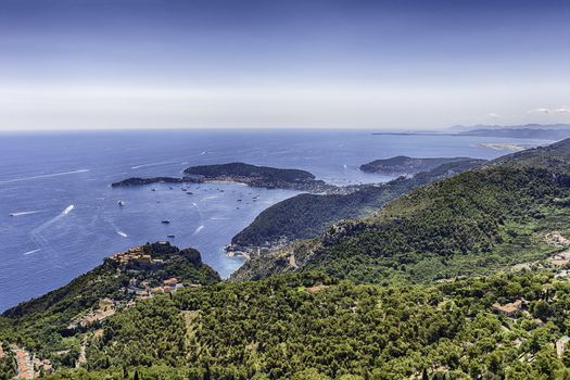 Scenic view over the coastline of the French Riviera near the town of Eze, iconic village near the city of Nice, Cote d'Azur, France