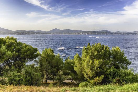 Scenic view of Saint-Tropez from Castle Hill, Cote d'Azur, France. The town is a worldwide famous resort for the European and American jet set and tourists