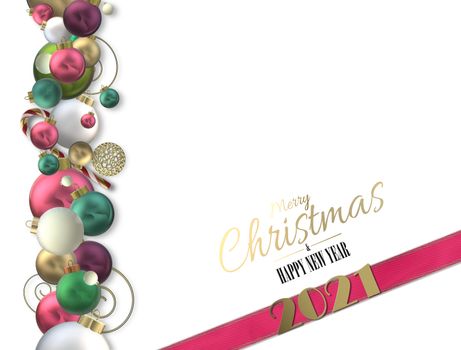 New Year 2021 holiday design on white background. 3D realistic Xmas shiny balls baubles, pink ribbon with golden digit 2021. Gold text Merry Christmas Happy New Year. 3D illustration. Holiday card