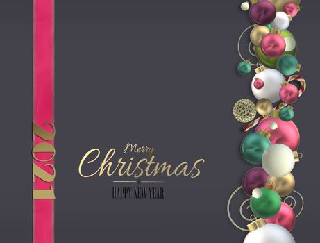 Luxury festive holiday background with Xmas 3D shiny balls bauble, Xmas symbol, gold digit 2021 on dark black background. Golden text Merry Christmas Happy New Year. 3D render. Holiday invitation card