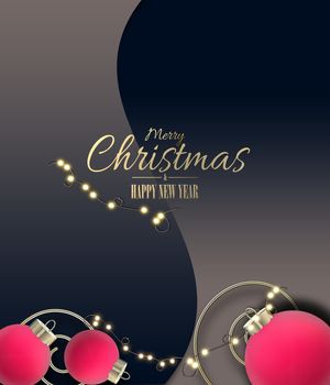 Luxury Christmas elegant background with 3D realistic red pink balls baubles, gold text Merry Christmas Happy New Year on curve dark blue pastel background. 3D render. Holiday luxury elegant card