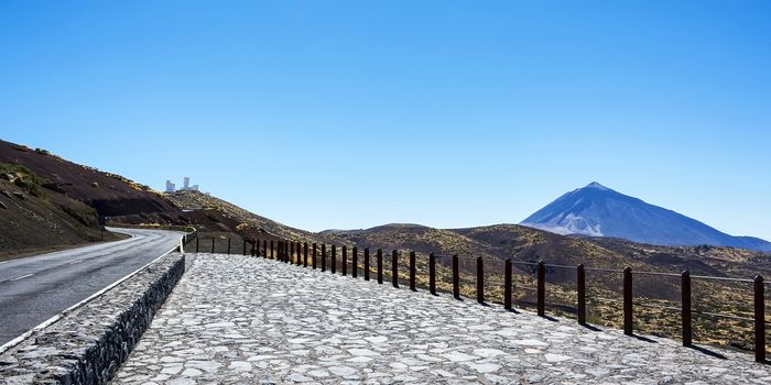 
Mountain landscape. Mountainous terrain overlooking Teide volcano and observatory