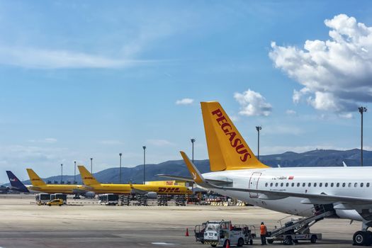 Spain, Barcelona - 26.09.2017: Unloading of international postal services at the airport