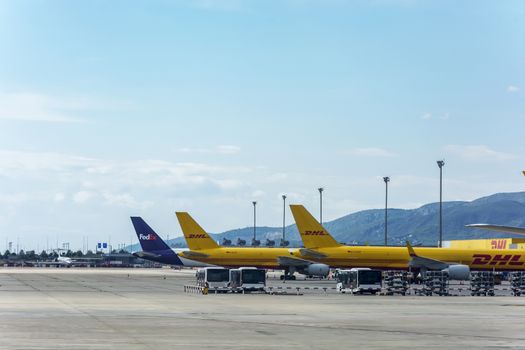 Spain, Barcelona - 26.09.2017: Aircraft of postal companies at the airport for parking and unloading