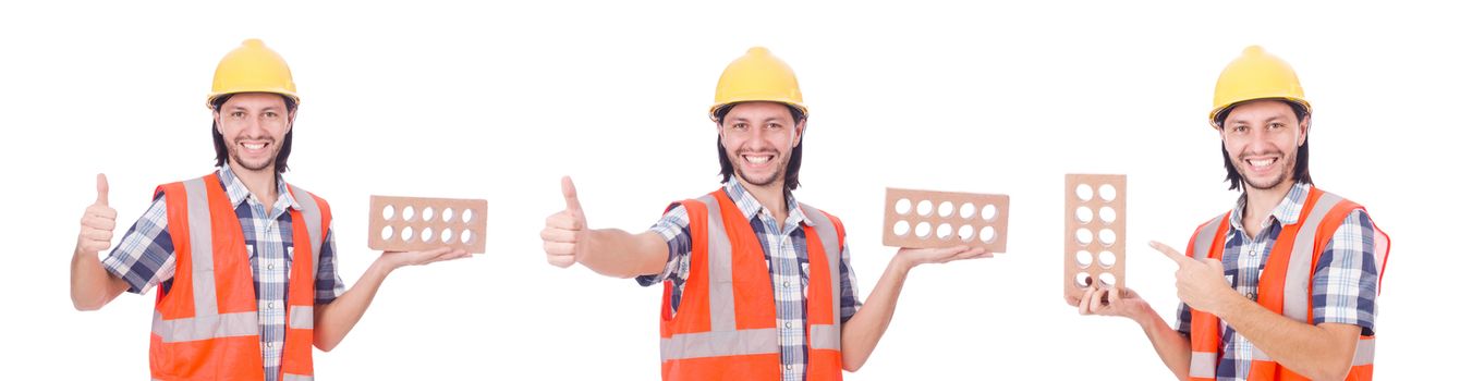 Young bricklayer with brick isolated on white