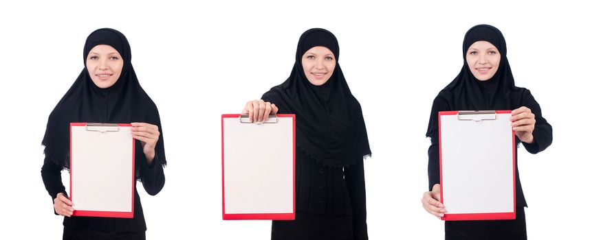 Woman with blank page on white