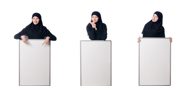 Muslim woman with blank board on white