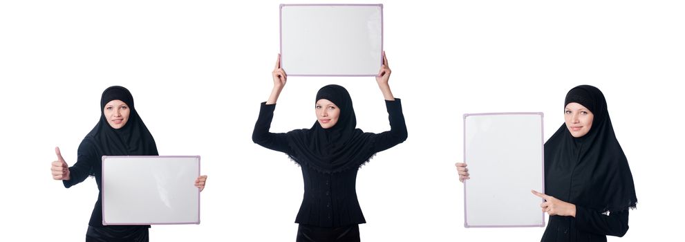 Muslim woman with blank board on white