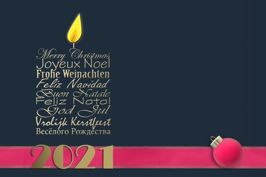 International elegant Christmas business card. Christmas wishes in European languages English, French, German, Portuguese, Italian, Spanish, Swedish, Dutch, Russian. Golden digit 2021 3D illustration