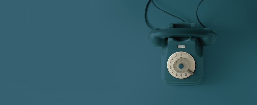 An blue vintage dial telephone with blue background.