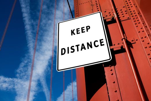 KEEP DISTANCE road sign, social distancing concept, Coronavirus global pandemic crisis, COVID-19 corona virus disease causing self isolation, quarantine, physical distance health care and safety rules