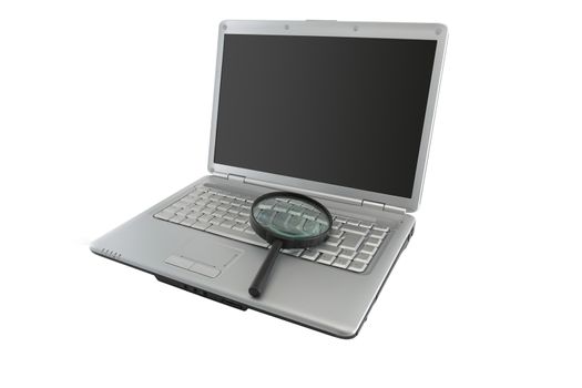 A data security concept magnifying glass on laptop PC with dark screen for copy space