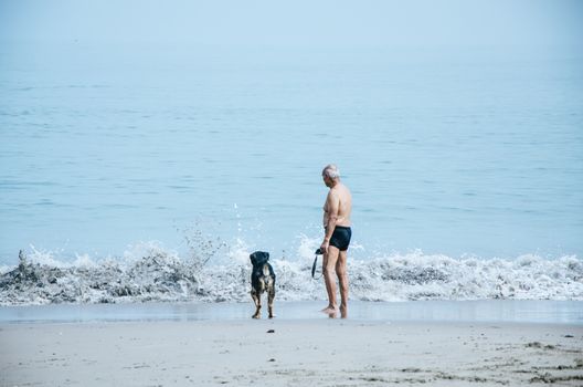 Elderly man with his dog on the beach enjoying summer