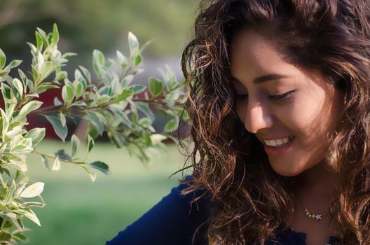 Close up morning portrait of smiling pretty woman, positive emotions.