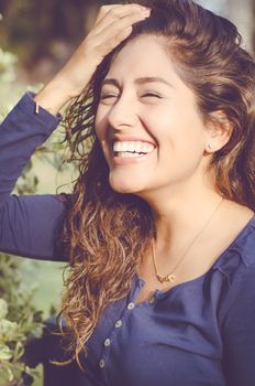 Close up morning portrait of smiling pretty woman, positive emotions.