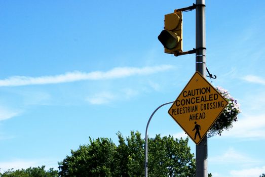 A sign that flashes a yellow warning light to notify drivers of the concealed pedestrian crossing ahead.