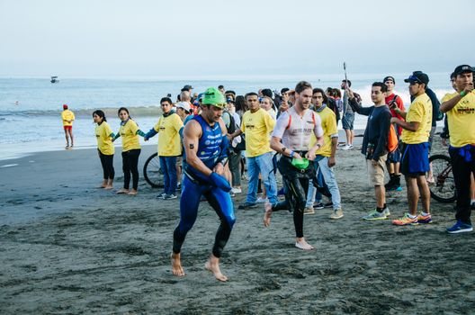 LIMA, PERU - APRIL 22th 2018: Ironman 70.3 . Starting for the swimming test of the athletes of the Ironman 70.3