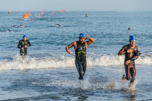 LIMA, PERU - APRIL 22th 2018: Ironman 70.3 . Starting for the swimming test of the athletes of the Ironman 70.3