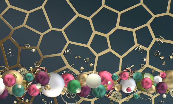 Luxury shiny golden Christmas background with 3D realistic Xmas balls baubles, Xmas golden symbols on gold shiny black background. 3D illustration. Header, invitation, holiday festive ornament