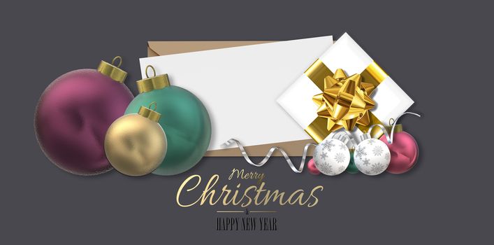 3D realistic Christmas design with realistic Xmas ball bauble, Xmas gift box with bow, text Merry Christmas Happy New Year on white envelope over dark brown. Horizontal 3D illustration. Place for text