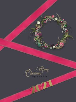 Christmas holiday New Year background with pink ribbon, gold digit 2021, Xmas 3D wreath on dark chocolate pastel background. Text Merry Christmas Happy New Year. 3D render. Place for text, mock up