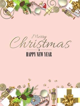 Holiday Christmas card on pink. Set of 3D realistic Xmas symbols Xmas gift boxes, fir, confetti on pink background. Flat lay. Gold text Merry Christmas Happy New Year. 3D illustration
