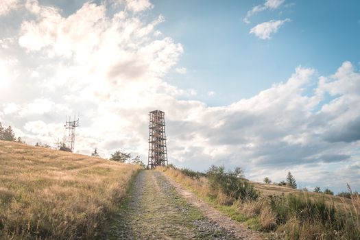 Observation deck lookout tower called Milada near Orlik dam in evening light